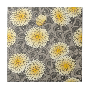Arts & Crafts Grays Yellow Chrysanthemum Repro Ceramic Tile