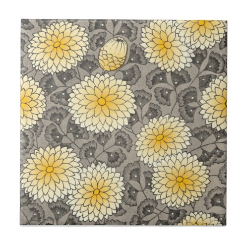 Arts  Crafts Grays Yellow Chrysanthemum Repro Ceramic Tile