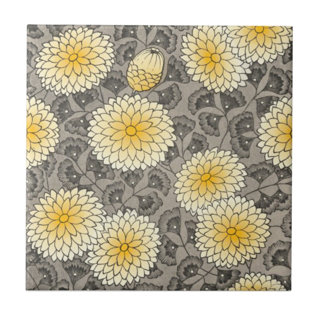 Arts & Crafts Grays Yellow Chrysanthemum Repro Ceramic Tile (Front)