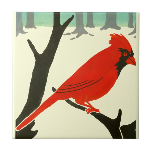 Arts & Crafts or Craftsman 1907 Red Cardinal Bird Ceramic Tile (Front)