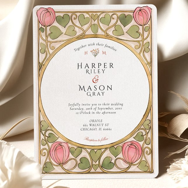 Arts & Crafts Pink Tulip & Hearts Wedding Invitation (Creator Uploaded)