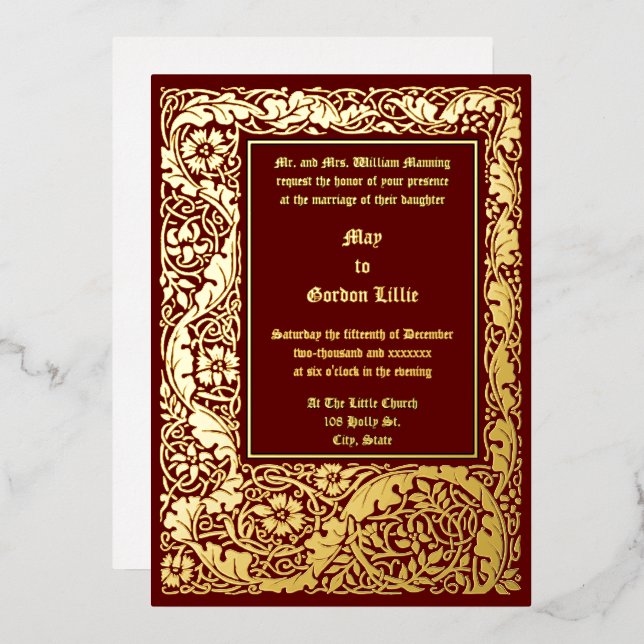 Arts & Crafts Style 1905 Floral Foliage Wedding Foil Invitation (Front/Back)