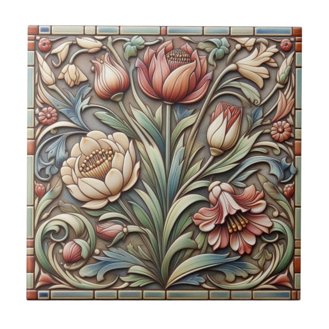 Arts & Crafts Style Floral Decorative Ceramic Tile (Front)