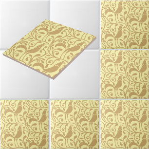 Arts & Crafts Style Roosters In Foliage Pattern Ceramic Tile