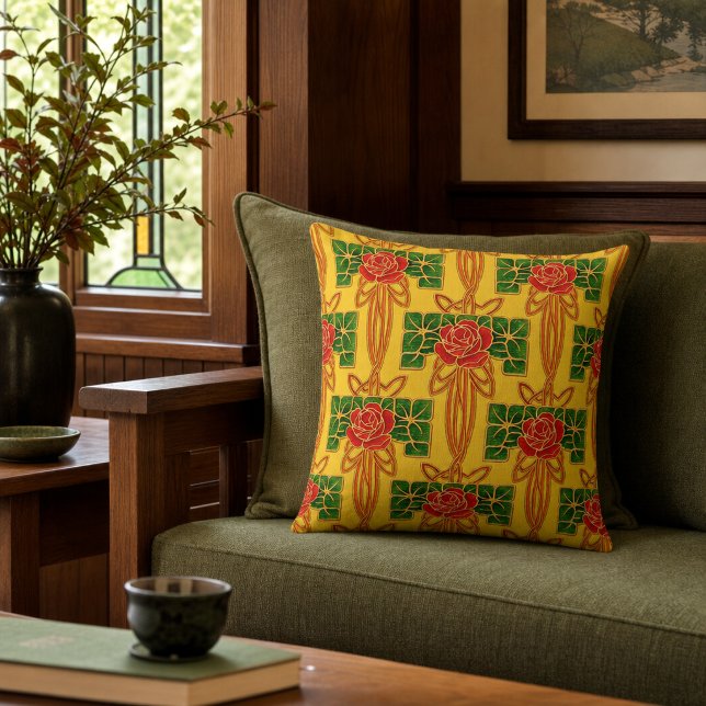 Arts & Crafts Style Rose Bush Pattern Throw Pillow (Creator Uploaded)
