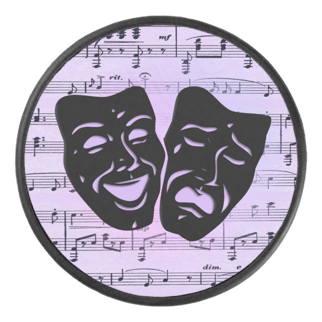 Arts Unite Purple Music and Theater Masks Hockey Puck (Front)