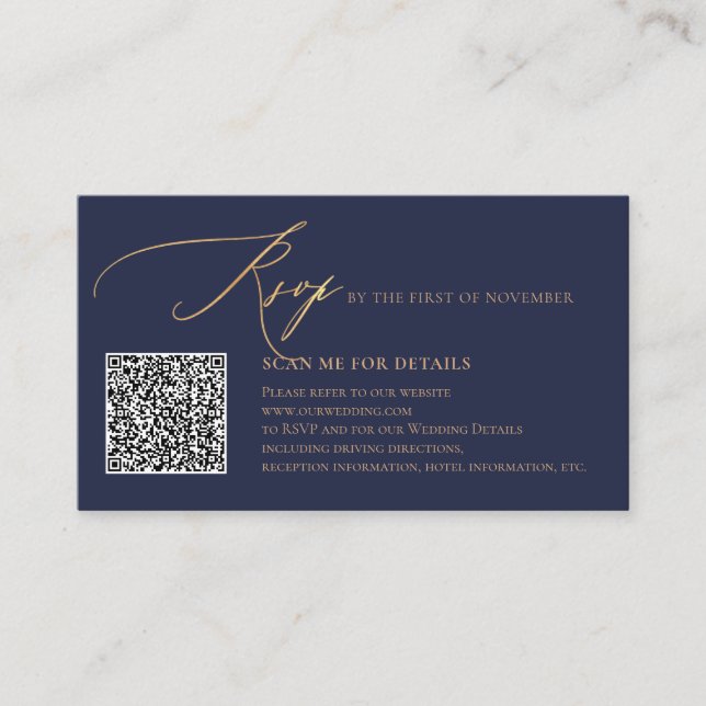 ArtsApp Blue QR Code RSVP Faux Gold Calligraphy Enclosure Card (Front)