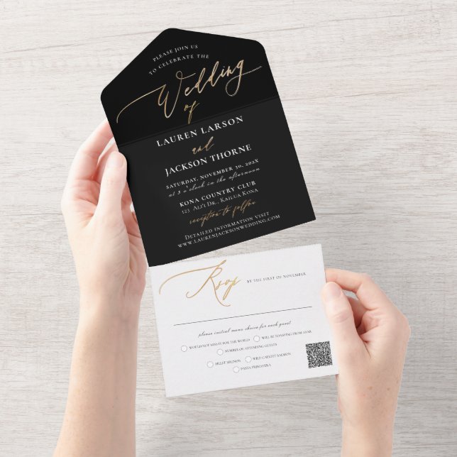 ArtsApp Elegant Faux Gold Calligraphy Black White All In One Invitation (Tearaway)