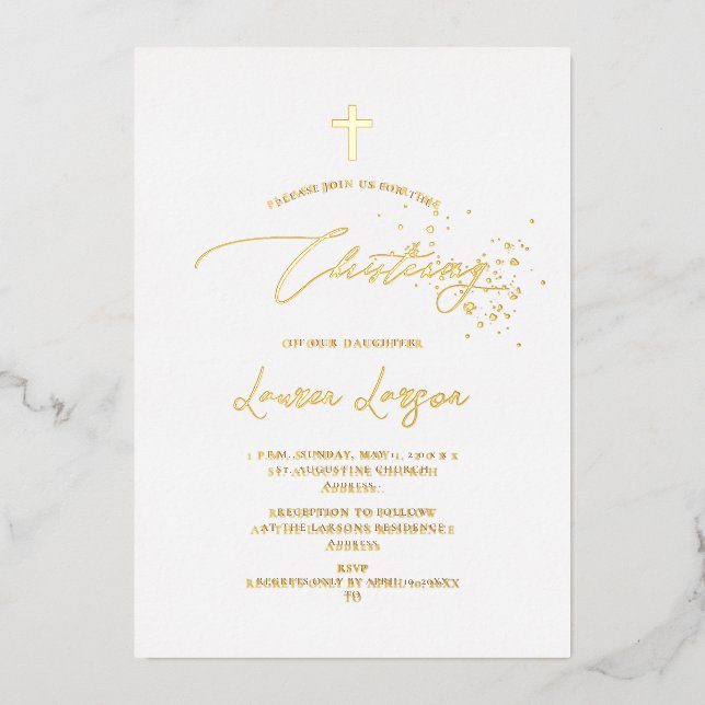 ArtsApp Elegant Faux Gold Calligraphy Christening Foil Invitation (Front)