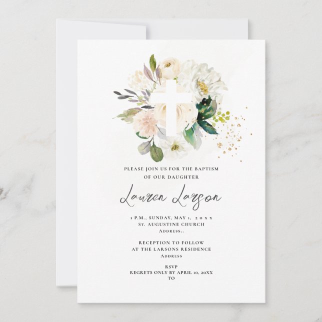 ArtsApp Elegant H2 Alabaster Roses Baptism Invitation (Front)
