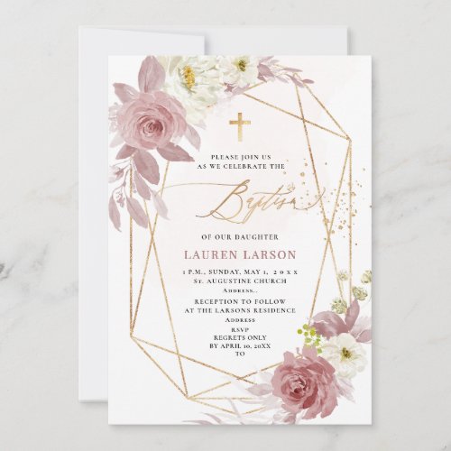 ArtsApp Elegant H2 Dusty Pink Roses Baptism Invitation