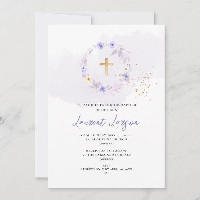ArtsApp Elegant H2 Dusty Purple Roses Baptism Invitation (Front)