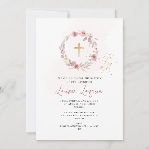 ArtsApp Elegant H2 Dusty Rose Roses Baptism Invitation