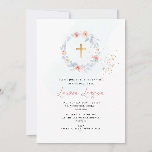 ArtsApp Elegant H2 Pale Pink Roses Baptism Invitation (Front)