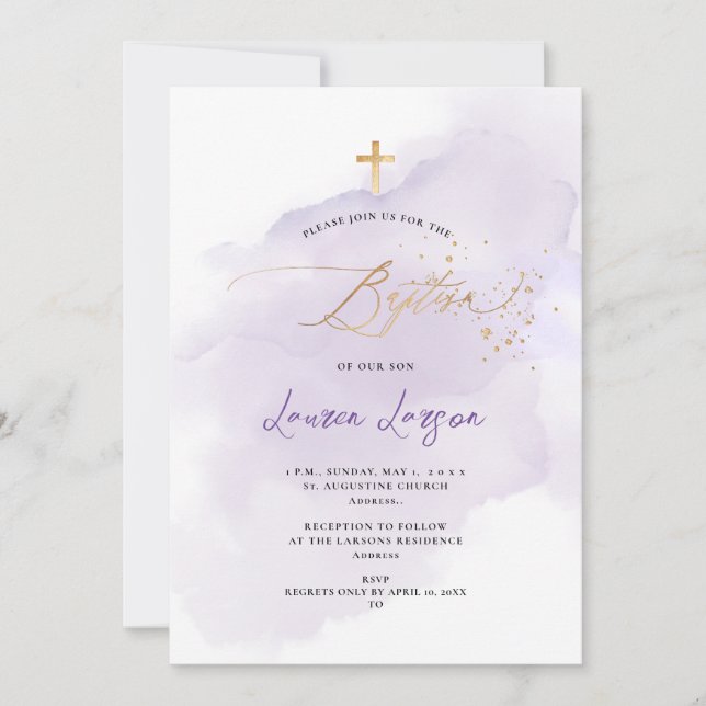 ArtsApp Elegant H2 Washed Purple Baptism Invitation (Front)