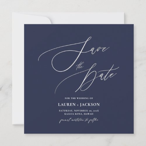 ArtsApp Faux Silver Calligraphy Navy Blue Save The Date