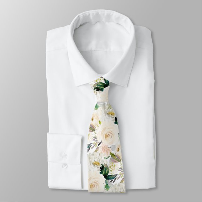 ArtsApp H2 Alabaster Cream Roses Wedding Neck Tie (Tied)