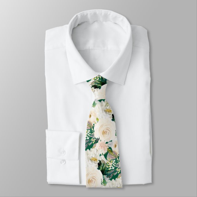 ArtsApp H2 Alabaster Cream Roses Wedding Neck Tie (Tied)
