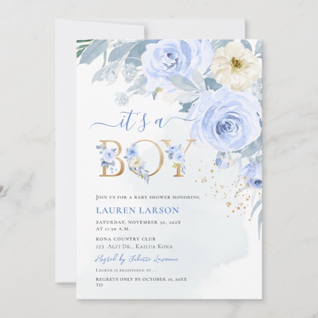 ArtsApp H2 Baby Blue Roses Baby Shower Invitation (Front)