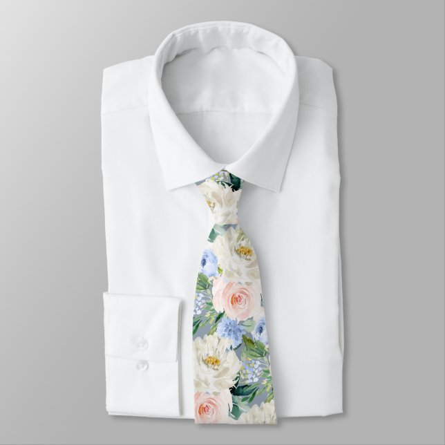 ArtsApp H2  Blush Blue Roses Wedding Neck Tie (Tied)