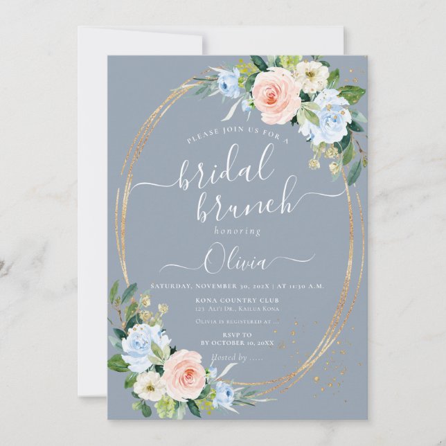 ArtsApp H2 Blush Pink Blue Roses Bridal Brunch Invitation (Front)