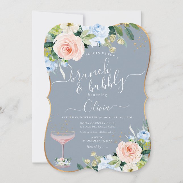 ArtsApp H2 Blush Pink Blue Roses Brunch Bubbly Invitation (Front)