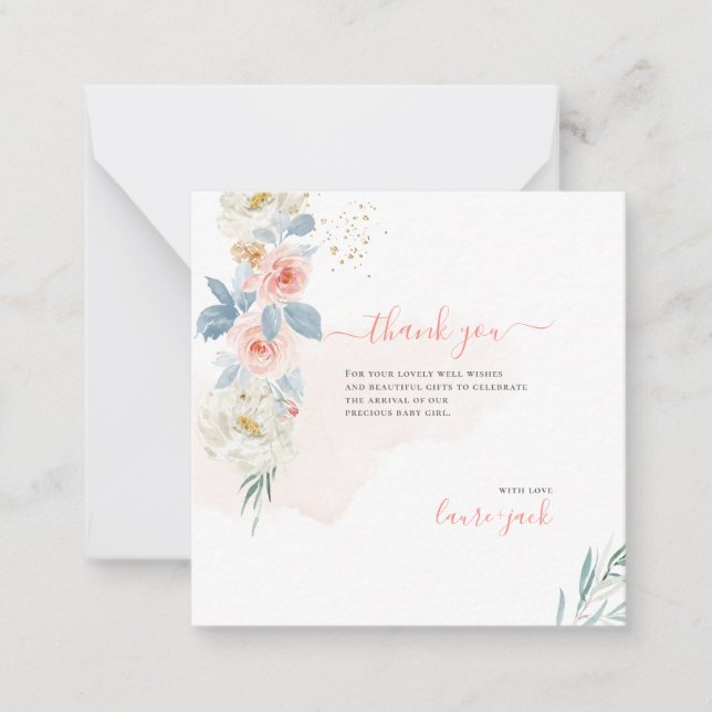 ArtsApp H2 Blush Pink Roses Baby Shower Thank You Note Card (Front)