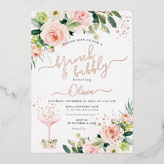 ArtsApp H2 Blush Pink Roses Brunch Bubbly Foil Holiday Card (Front)