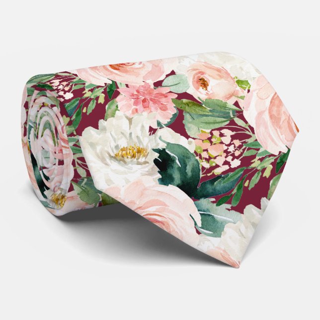ArtsApp H2  Blush Pink Roses Burgundy Wedding Neck Tie (Rolled)