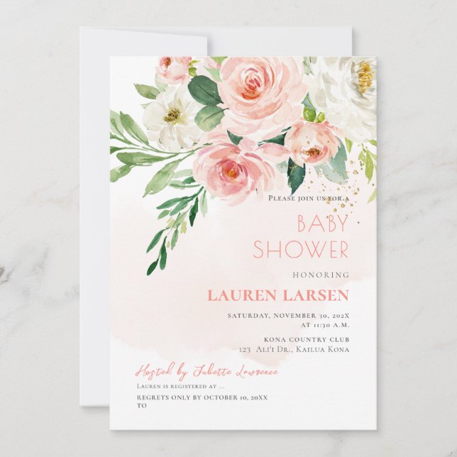 ArtsApp H2 Blush Pink Roses Dusty Blue Foliage Invitation (Front)