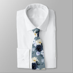 ArtsApp H2 Navy+Dusty Blue Roses Wedding Neck Tie