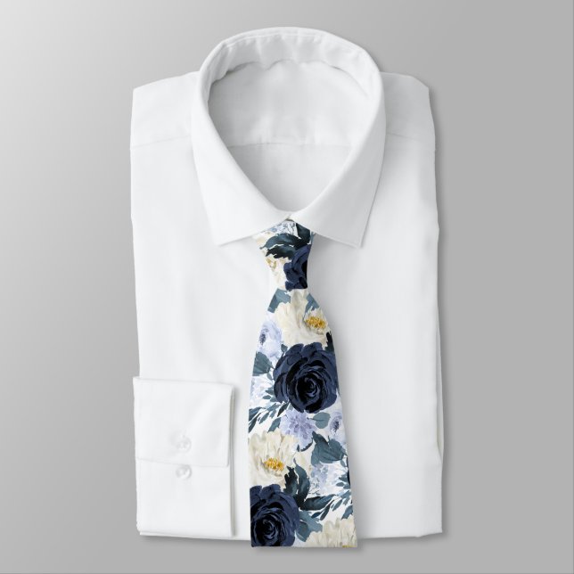 ArtsApp H2 Navy+Dusty Blue Roses Wedding Neck Tie (Tied)