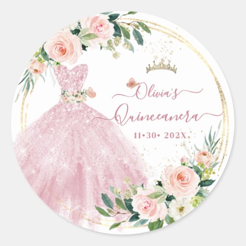 ArtsApp H2 Roses Blush Pink Sparkling Quinceanera Classic Round Sticker