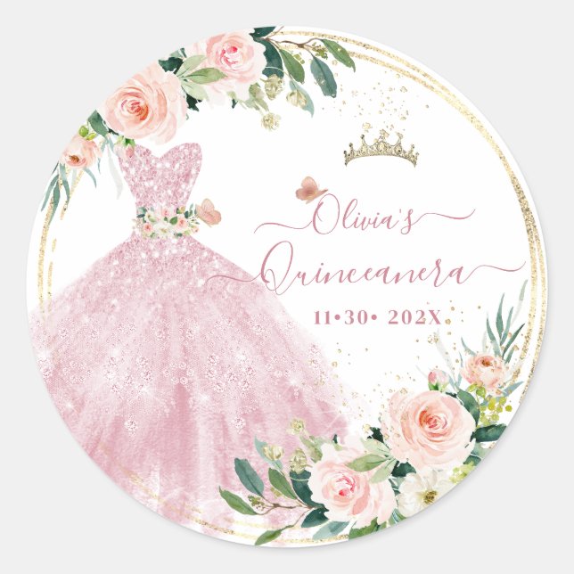 ArtsApp H2 Roses Blush Pink Sparkling Quinceanera Classic Round Sticker (Front)