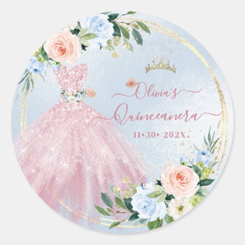 ArtsApp H2 Roses Blush Pink Sparkling Quinceanera Classic Round Sticker