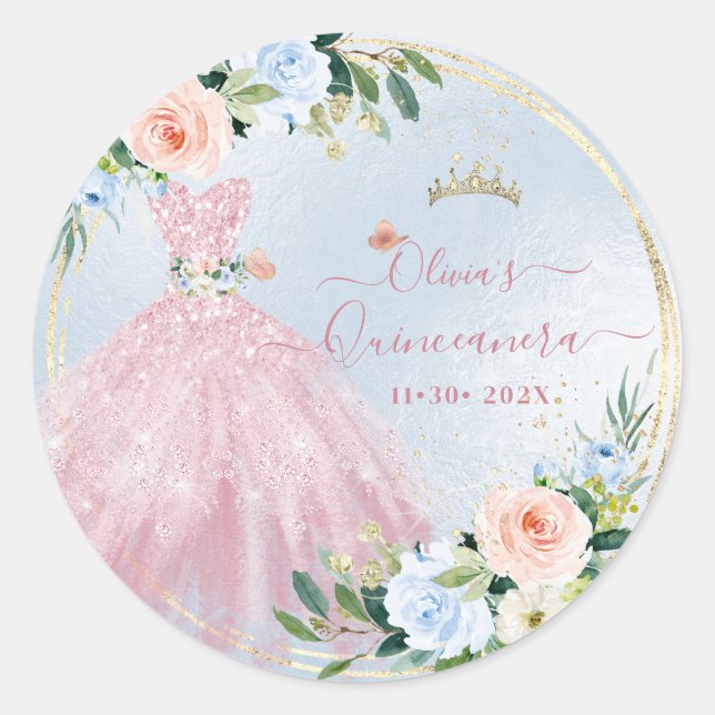 ArtsApp H2 Roses Blush Pink Sparkling Quinceanera Classic Round Sticker (Front)