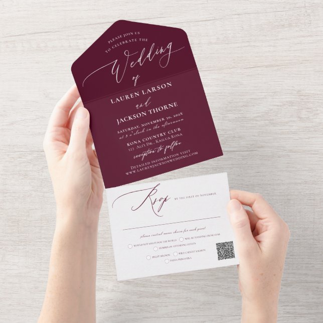 ArtsApp Modern Calligraphy Burgundy Wedding All In One Invitation (Tearaway)