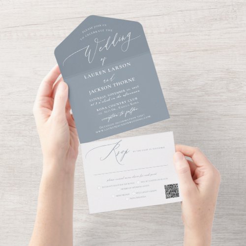 ArtsApp Modern Calligraphy Dusty Blue Wedding All In One Invitation