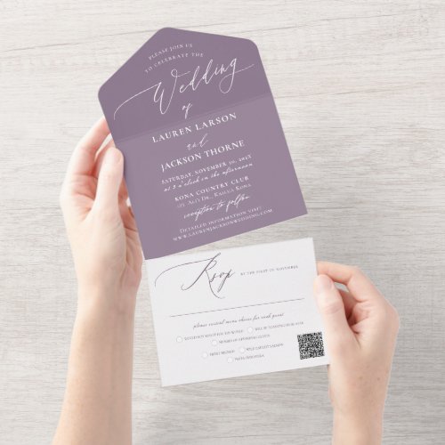 ArtsApp Modern Calligraphy Dusty Purple Wedding All In One Invitation