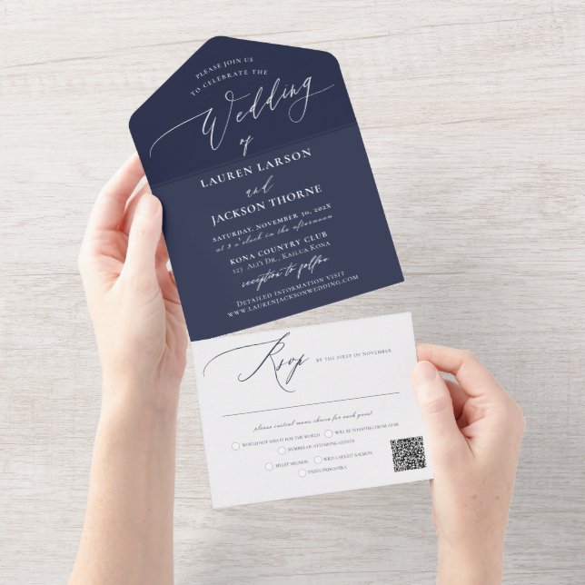 ArtsApp Modern Calligraphy Navy Blue Wedding All In One Invitation (Tearaway)