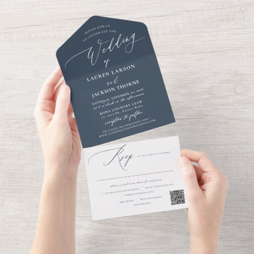 ArtsApp Modern Calligraphy Slate Blue Wedding All In One Invitation