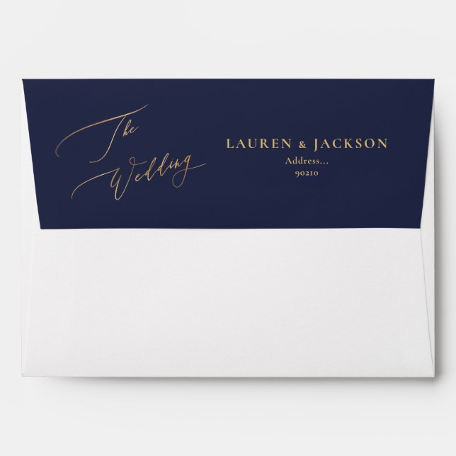 ArtsApp Navy Blue Faux Gold Calligraphy Wedding Envelope (Back (Top Flap))