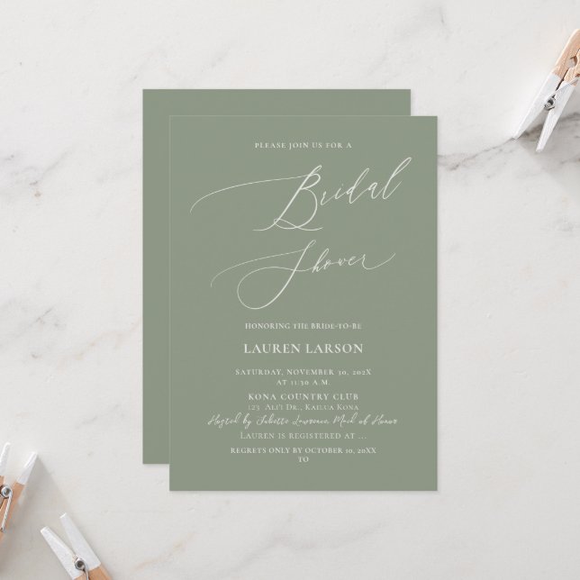 ArtsApp Olive+Sage Calligraphy Bridal Shower Invitation (Front/Back In Situ)