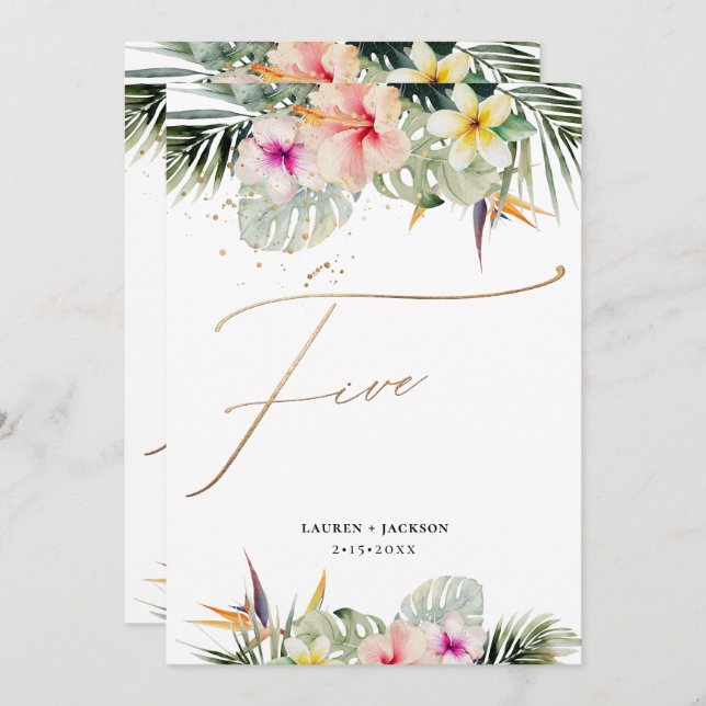 ArtsApp Tropical Paradise Faux Gold Table Five Invitation (Front/Back)