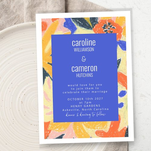 Artsy Abstract Blue and Yellow Botanical Wedding Invitation