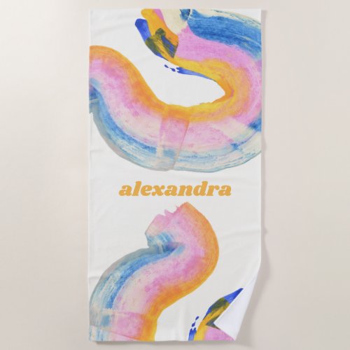 Artsy Abstract Blue and Yellow Watercolor Name Beach Towel
