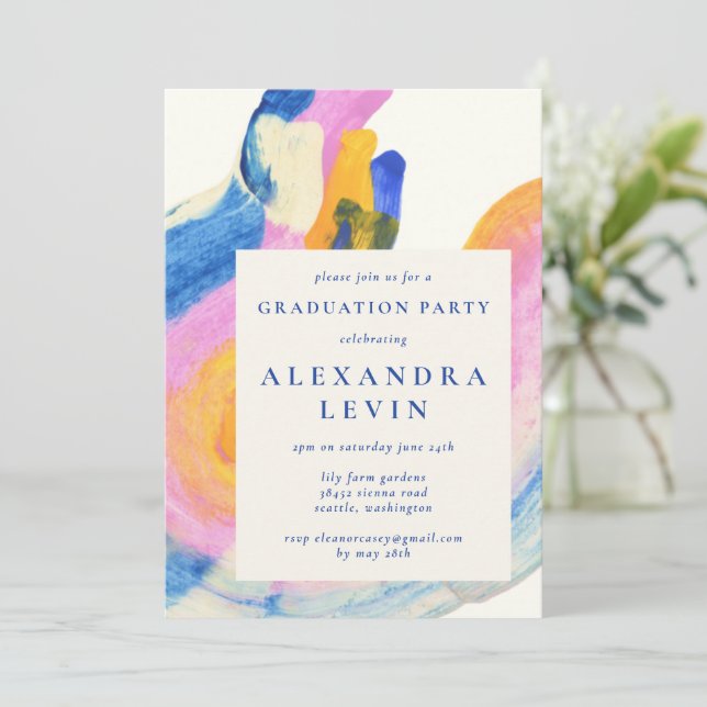 Artsy Abstract Blue Watercolor Graduation Party In Invitation (Standing Front)