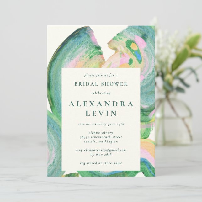 Artsy Abstract Green Watercolor Bridal Party Invitation (Standing Front)