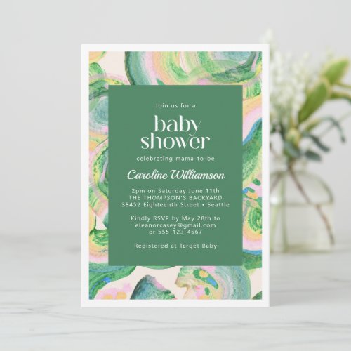 Artsy Abstract Green Watercolor Cute Baby Shower Invitation