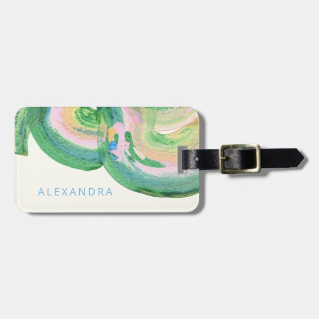 Artsy Abstract Green Watercolor Marble Name Luggage Tag (Front Horizontal)